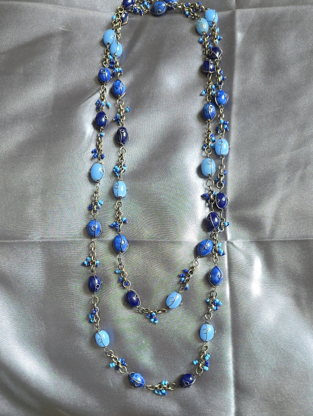 Vintage Venetian Long sautoir necklace cobalt sky blue Fairy Wire wrapped